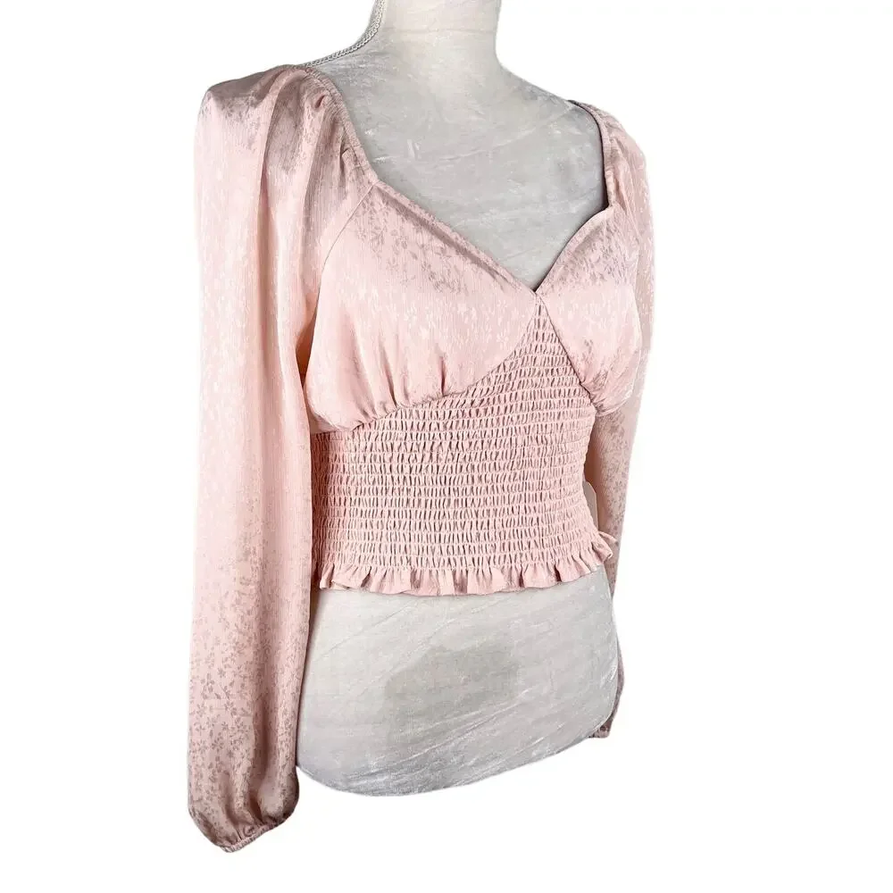 Leith Blouse Crop Top Smocked Pink Smoke M New